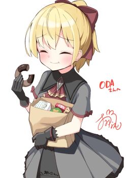 1girl ando_tazusa ascot assault_lily black_gloves blonde_hair blush closed_eyes closed_mouth commentary_request commission eating gloves grey_shirt grey_skirt happy krispy_kreme ominaeshi_(takenoko) ponytail puritan_collar red_ascot school_uniform shirt short_hair short_sleeves simple_background skeb_commission skirt smile solo white_background