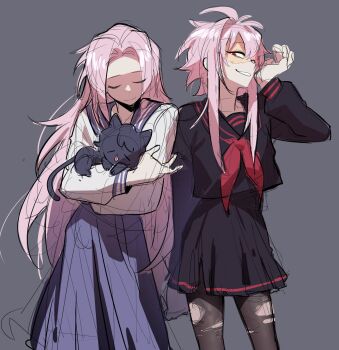 2boys black_pantyhose black_sailor_collar black_shirt black_skirt blue_sailor_collar blue_skirt cat closed_eyes cowboy_shot crossdressing crossdressing_(mtf) grey_background hatsutori_hajime highres hsh7955 long_hair long_sleeves looking_at_viewer male_focus multiple_boys neckerchief nijou_ryuu pantyhose pink_hair pleated_skirt red_eyes red_neckerchief saibou_shinkyoku sailor_collar school_uniform serafuku shirt short_hair short_hair_with_long_locks simple_background sketch skirt smile torn_clothes trap white_shirt