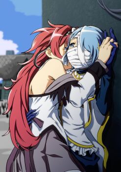 2girls akemi_homura akemi_homura_(cosplay) ane_moire bandaged_head bandages bandages_over_mouth blue_eyes blue_hair commentary cosplay gloves grey_skirt highres holding_hands long_hair mahou_shoujo_madoka_magica mahou_shoujo_madoka_magica:_walpurgis_no_kaiten miki_sayaka miki_sayaka_(magical_girl) multiple_girls off_shoulder one_eye_covered red_hair sakura_kyoko short_hair skirt yuri