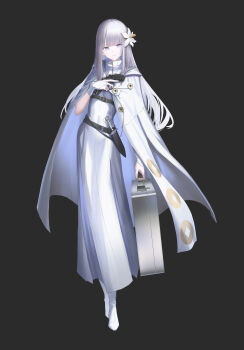 1girl belt black_background black_belt bridal_gauntlets briefcase cloak dagger dress flower full_body gloves gun hair_flower hair_ornament handgun highres holding holding_briefcase holding_gun holding_weapon knife lily_(flower) long_dress long_hair looking_at_viewer original purple_eyes revolver shoes standing straight_hair weapon white_cloak white_dress white_gloves white_hair white_shoes yakupan zipper