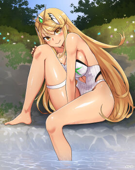 1girl angoha bare_shoulders blonde_hair blush breasts chest_jewel cleavage day flower gem headpiece highres jewelry large_breasts long_hair looking_at_viewer mythra_(radiant_beach)_(xenoblade) mythra_(xenoblade) one-piece_swimsuit outdoors partially_submerged shiny_skin sky solo strapless strapless_one-piece_swimsuit swept_bangs swimsuit tiara very_long_hair water white_one-piece_swimsuit xenoblade_chronicles_(series) xenoblade_chronicles_2 yellow_eyes