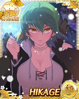 1boy 1girl against_wall blush breasts card_(medium) cleavage closed_mouth earrings eye_contact face-to-face game_cg green_hair hand_on_wall hikage_(senran_kagura) jewelry kabedon knife large_breasts looking_at_another non-web_source official_alternate_costume official_art pov pov_hands senran_kagura senran_kagura_new_wave short_hair slit_pupils snowing solo sweater throwing_knife weapon yellow_eyes