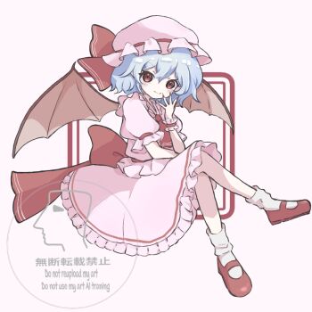 1girl ascot back_bow bat_wings blue_hair blush bow cellphone commentary crossed_legs fingernails frilled_hat frilled_sleeves frilled_wristband frills hat hat_ribbon invisible_chair looking_at_viewer mary_janes moaixiang59173 nail_polish phone pink_hat pink_shirt pink_skirt puffy_short_sleeves puffy_sleeves red_ascot red_bow red_eyes red_ribbon red_shoes remilia_scarlet ribbon shirt shoes short_hair short_sleeves sitting skirt smile socks solo touhou white_socks wings