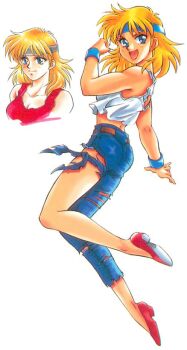 1990s_(style) ass asymmetrical_clothes asymmetrical_legwear blonde_hair blue_eyes breasts cleavage clenched_hand cropped_shirt denim headband jeans kouno_sachiko light_smile looking_at_viewer lune_zoldark midriff official_art open_mouth pants portrait red_footwear red_shirt retro_artstyle shirt simple_background single_pantsleg sleeveless sleeveless_shirt super_robot_wars super_robot_wars_original_generation super_robot_wars_the_lord_of_elemental torn_clothes torn_jeans torn_pants uneven_legwear white_background white_shirt wristband
