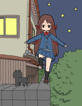 1girl animal black_cat black_socks blue_jacket blue_skirt blush_stickers bow brown_eyes brown_hair brown_shoes cat closed_mouth commentary_request hair_bow highres house jacket kneehighs loafers long_hair long_sleeves night night_sky on_wall original outdoors pleated_skirt red_bow school_uniform shoes skirt sky sleeves_past_wrists socks solo star_(symbol) very_long_hair walking window yukimoto_shuuji_(gurigura)