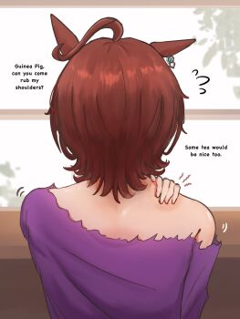 1girl agnes_tachyon_(casual)_(umamusume) agnes_tachyon_(umamusume) ahoge animal_ears brown_hair commentary earrings english_text flying_sweatdrops from_behind hand_on_own_shoulder highres horse_ears horse_girl huge_ahoge jewelry johnholl0w medium_hair purple_shirt shirt single_bare_shoulder single_ear_down single_earring single_off_shoulder solo umamusume