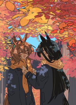 2girls absurdres agnes_tachyon_(umamusume) ahoge animal_ears autumn_leaves black_coat black_hair blue_sky blush brown_hair chemical_structure coat earrings gachitamago hair_between_eyes highres horse_ears horse_girl horse_tail jewelry leaf long_bangs long_hair long_hair_between_eyes long_sleeves manhattan_cafe_(umamusume) medium_hair multicolored_hair multiple_girls open_mouth outdoors scarf scarf_tying single_earring sky smile tail tree umamusume very_long_hair white_hair yellow_eyes yellow_scarf