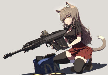Rule 34 | 1girl, ammunition, animal ear fluff, animal ears, anti-materiel cartridge, anti-materiel rifle, astier, bag, breasts, bullet, bullpup, cat ears, cat tail, cleavage, gepard gm6 lynx, grey background, gun, highres, holding, holding gun, holding weapon, long hair, magazine (weapon), original, rifle, rifle cartridge, semi-automatic rifle, sero international kft, shadow, simple background, skirt, slit pupils, sniper rifle, tail, weapon, witness holes, yellow eyes