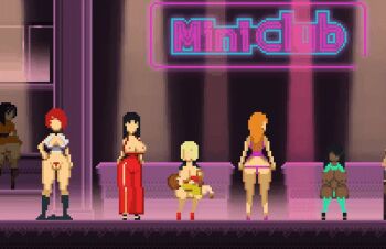 1boy 5girls age_difference animated animated_gif ass_shake breast_sucking breasts cleavage cum dancing ejaculation handjob huge_breasts large_breasts multiple_girls nipples nursing_handjob onee-shota pixel_art shota sonken2501