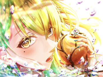 Rule 34 | 1girl, apple, blush, ceres fauna, commentary request, food, fruit, golden apple, green hair, green nails, highres, holding, holding food, holding fruit, hololive, hololive english, long hair, looking at viewer, nail polish, open mouth, solo, u da desu, virtual youtuber, yellow eyes