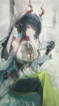 1girl absurdres antlers arknights arknights:_endfield black_gloves black_hair breasts colored_inner_hair colored_tips commentary dragon_girl dragon_horns eastern_dragon_horns gloves green_eyes green_hair guan_byeol hair_intakes hands_up highres holding holding_paper horns long_sleeves looking_at_object multicolored_hair nature paper pointy_ears red_hair sitting sleeveless tree under_tree zhuang_fangyi_(arknights)