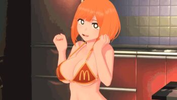 1girl 3d animated bikini black_eyes bob_cut bouncing_breasts breasts edmond female_focus hands_up happy indoors kitchen koikatsu_(medium) large_breasts looking_at_viewer looping_animation mcdonald's medium_hair mother_(yoru_mac) multicolored_bikini open_mouth orange_hair red_bikini smile solo swimsuit tagme two-tone_bikini upper_body video yellow_bikini yoru_mac