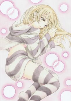 1girl absurdres blonde_hair closed_mouth commentary_request feet_out_of_frame grey_pajamas grey_shirt grey_shorts grey_thighhighs highres long_hair long_sleeves lying marker_(medium) on_side original pajamas pink_background shirt short_shorts shorts solo striped_clothes striped_pajamas striped_shirt striped_shorts striped_thighhighs thighhighs traditional_media yellow_eyes yukki59829