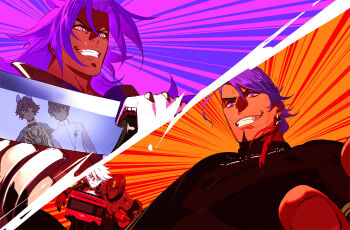 6+boys arjuna_(fate) arjuna_alter_(fate) arjuna_alter_(third_ascension)_(fate) ashwatthama_(fate) bhima_(fate) black_hair black_shirt blue_eyes blue_horns dark-skinned_male dark_skin duryodhana_(fate) earrings facial_hair fate/grand_order fate_(series) gauntlets goatee holding holding_knife holding_microwave horns jewelry karna_(fate) knife long_hair male_focus mature_male microwave multiple_boys multiple_girls necklace orange_background pako_(pakosun) purple_background purple_eyes purple_hair red_hair shirt short_hair smile split_screen topless_male two-tone_background upper_body white_hair