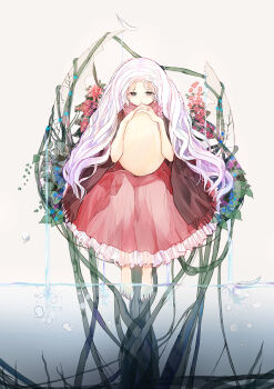 Rule 34 | 1girl, barefoot, black eyes, blue flower, commentary request, cracked egg, dress, egg, ewrefd, flower, girl (tenshi no tamago), holding, holding egg, long hair, looking at viewer, pink dress, pink flower, soaking feet, solo, tenshi no tamago (anime), very long hair, white hair