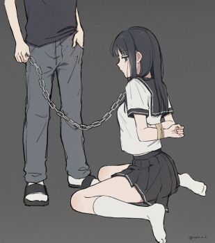 Rule 34 | 1boy, 1girl, arms behind back, bdsm, black background, black eyes, black hair, black sailor collar, black shirt, black skirt, bondage, bound, bound arms, breasts, chain, chain leash, collar, commentary request, expressionless, grey pants, hand in pocket, highres, holding, holding chain, kneehighs, leash, long hair, looking at viewer, looking to the side, medium breasts, miniskirt, natsu no kusari, no shoes, nyan o2, okuno shinji, pants, pleated skirt, profile, sailor collar, sandals, school uniform, serafuku, shirai mitsuki, shirt, short sleeves, simple background, sitting, skirt, slave, socks, wariza, white shirt, white socks