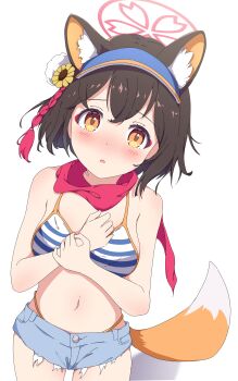 1girl absurdres animal_ear_fluff animal_ears bare_shoulders bikini blue_archive blush breasts brown_hair cowboy_shot denim denim_shorts flower fox_ears fox_girl fox_tail hair_flower hair_ornament halo highleg highleg_panties highres izuna_(blue_archive) izuna_(swimsuit)_(blue_archive) looking_at_viewer medium_breasts micro_shorts navel official_alternate_costume open_mouth panties pink_halo pink_scarf scarf short_hair shorts simple_background solo standing striped_bikini striped_clothes sunflower sunflower_hair_ornament swimsuit tail underwear visor_cap white_background yellow_eyes yukin_(yukin8210)