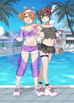 2girls bikini black_hair breasts chibigurumi commentary_request double_bun eyewear_on_head hair_bun hal_(ojou) highres idolmaster idolmaster_cinderella_girls matoba_risa medium_hair midriff multiple_girls navel orange_hair pool small_breasts sunglasses swimsuit tagme yuuki_haru