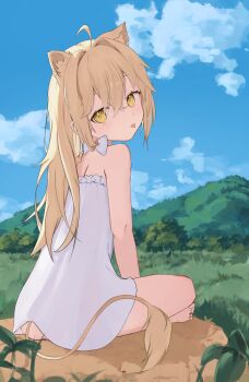 1girl :p absurdres ahoge animal_ears badao barefoot blonde_hair blue_sky closed_mouth cloud commentary_request day dress extra_ears frilled_dress frills highres indie_virtual_youtuber lion_ears lion_girl lion_tail long_hair looking_at_viewer outdoors paid_reward_available rurudo_lion sitting sky solo tail tongue tongue_out virtual_youtuber white_dress yellow_eyes