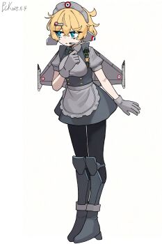 1girl aircraft airplane apron blonde_hair blue_eyes canards chinese_text dassault_rafale french_air_force gloves grey_gloves highres maid maid_headdress mecha_musume military_vehicle original pckcool personification roundel solo white_background