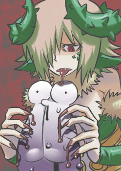 1girl artist_self-insert bad_id bad_tumblr_id bare_shoulders blood detached_sleeves drooling fingernails fur-trimmed_collar fur_collar fur_trim hair_over_one_eye horns matsuda_yuusuke monster_girl nail_polish nise_maou_dokuzeru nosebleed original pink_hair plant_girl pointy_ears red_eyes scales sharp_fingernails sharp_teeth short_hair teeth yuusha_to_maou