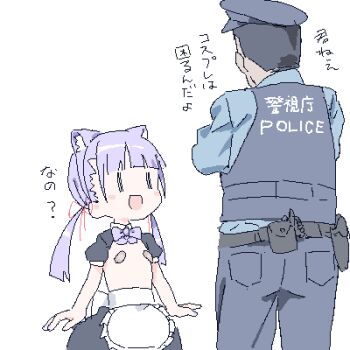 1boy 1girl animal_ear_hairband animal_ears apron arms_at_sides bandaid bandaids_on_nipples belt belt_pouch black_hair black_pants black_skirt black_sleeves blue_shirt blunt_bangs blush bow bowtie bulletproof_vest cat_ear_hairband cat_ears clueless facing_away fake_animal_ears flat_chest hair_ribbon hairband hat height_difference lokulo-chan_(lokulo_no_mawashimono) lokulo_no_mawashimono loli long_hair looking_at_another low_twintails lowres open_mouth original pants pasties peaked_cap police police_hat police_uniform policeman pouch puffy_short_sleeves puffy_sleeves purple_bow purple_bowtie purple_hair red_ribbon ribbon shirt short_sleeves shrug_(clothing) simple_background skirt smile topless_female translation_request twintails waist_apron white_background |_|