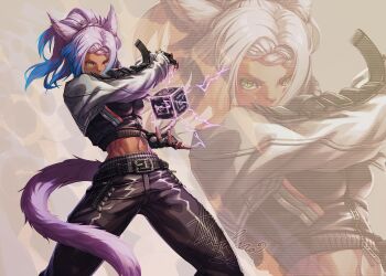 Rule 34 | 1girl, animal ears, black gloves, blue hair, cat ears, cat tail, commentary request, dark-skinned female, dark skin, dated, electricity, eutrope (ff14), final fantasy, final fantasy xiv, fingerless gloves, gloves, highres, long hair, looking at viewer, midriff, mihira (tainosugatayaki), miqo'te, multicolored hair, pink hair, ponytail, slit pupils, tail, yellow eyes, zoom layer