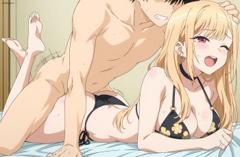 1boy 1girl ;o ass barbell_piercing barefoot bed_sheet bikini black_bikini blonde_hair breasts cleavage clothed_female_nude_male clothed_sex commission ear_piercing earrings floral_print hetero highres industrial_piercing jewelry kitagawa_marin medium_breasts multiple_piercings nude one_eye_closed piercing pixiv_commission print_bikini prone_bone red_eyes rikka_(rikkaarts) ring sex sex_from_behind sheet_grab sono_bisque_doll_wa_koi_wo_suru swimsuit