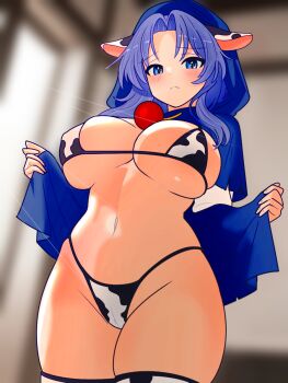 animal_ears animal_print bikini blue_eyes blue_hair blue_hood blurry blurry_background breasts brooch cameltoe cow_ears cow_print cow_print_bikini cow_print_thighhighs cowboy_shot fake_animal_ears frown highres hood jewelry kumoi_ichirin large_breasts looking_at_viewer medium_hair micro_bikini navel open_clothes parted_bangs print_bikini print_thighhighs swimsuit thighhighs thighs touhou zivmf