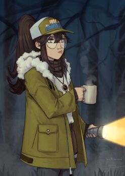 1girl black_pantyhose black_sweater brown_hair brown_shorts coat coffee_mug cup devilhs flashlight fur-trimmed_coat fur_trim glasses green_coat green_eyes green_hat hat highres holding holding_cup holding_flashlight indie_virtual_youtuber kara_wilderwood long_hair mug night open_clothes open_coat outdoors pantyhose ponytail print_hat round_eyewear shirt shorts signature solo steam sweater two-tone_hat virtual_youtuber white_hat white_shirt