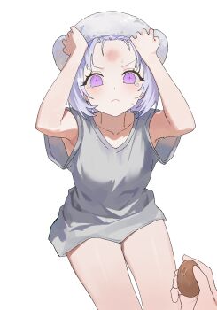 1girl absurdres armpits ayatsuno_yuni bangs_pinned_back collarbone commentary_request egg grey_hair grey_shirt highres holding holding_egg injury nbee_ya purple_eyes shirt short_hair simple_background star-shaped_pupils star_(symbol) stellive symbol-shaped_pupils tearing_up thighs virtual_youtuber white_background