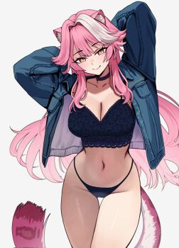 Rule 34 | 1girl, alternate costume, animal ears, arms behind head, arms up, black camisole, black choker, black panties, blue jacket, breasts, camisole, center-flap bangs, choker, cleavage, closed mouth, commentary, crop top, denim, denim jacket, double-parted bangs, eneeues, english commentary, highleg, highleg panties, highres, hololive, hololive english, jacket, large breasts, long hair, looking at viewer, navel, no pants, open clothes, open jacket, panther ears, panther girl, panther tail, panties, pink hair, raora panthera, sidelocks, simple background, solo, standing, stomach, tail, underwear, very long hair, virtual youtuber, white background, white streaks, yellow eyes