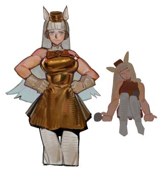 1girl absurdres animal_ears blunt_bangs brown_hat commentary cropped_legs dress ear_covers english_commentary gloves gold_dress gold_ship_(red_strife)_(umamusume) gold_ship_(umamusume) golden_week hands_on_own_hips hat highres horse_ears horse_girl long_hair multiple_views muscular muscular_female o3o pantyhose pillbox_hat red_dress sitting sleeveless sleeveless_dress umamusume w3nzee white_background white_gloves white_pantyhose