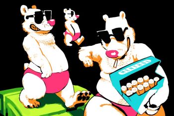 1boy bear black_background cigarette cigarette_pack claws clenched_teeth full_body furry furry_male ice_climber male_swimwear nintendo polar_bear solo sunglasses swim_briefs teeth walking