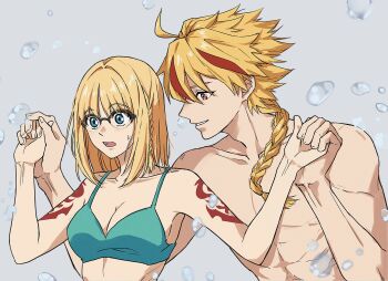 Rule 34 | 1boy, 1girl, ahoge, bikini, blonde hair, blue eyes, blush, braid, braided ponytail, breasts, cleavage, command spell, commentary request, doushittano, fate/strange fake, fate (series), glasses, grey background, hetero, highres, holding hands, howl and sophie airwalking, howl no ugoku shiro, medium hair, multicolored hair, open mouth, parody, red eyes, red streaks, richard i (fate), sajou ayaka (fate/strange fake), scene reference, side braid, single braid, smile, sweatdrop, swimsuit, topless male, upper body, water drop