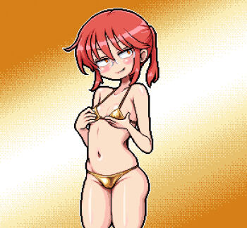 1girl bikini blush breasts commentary covered_erect_nipples english_commentary eyebrows_hidden_by_hair from_side glasses gold_bikini golden_week grin groin hair_between_eyes kobayashi-san_chi_no_maidragon kobayashi_(maidragon) lewdizzle looking_at_viewer medium_hair naughty_face navel open_mouth orange_eyes orange_hair pixel_art small_breasts smile solo stomach swimsuit