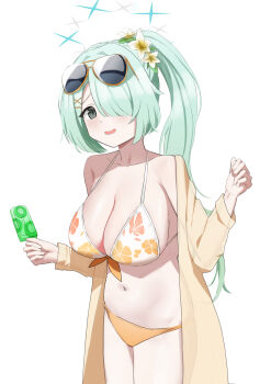 1girl absurdres aqua_hair armpit_crease bikini blue_archive breasts cleavage cowboy_shot eyewear_on_head floral_print flower food fruit grey_eyes hair_flower hair_ornament hair_over_one_eye highres hiyori_(blue_archive) hiyori_(swimsuit)_(blue_archive) holding holding_food holding_popsicle jacket katachi kiwi_(fruit) large_breasts long_hair navel official_alternate_costume open_mouth orange_bikini popsicle side_ponytail simple_background smile solo stomach sunglasses swimsuit white_background yellow_jacket