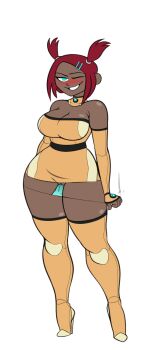 1girl aged_up blue_eyes boots breasts cleavage dark_skin detached_sleeves dress high_heel_boots high_heels highres nsfwskully one_eye_closed pussy red_hair removing_panties sari_sumdac thigh_boots thighhighs transformers twintails underwear wink yellow_detached_sleeves yellow_dress yellow_thighhighs