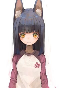 1girl alternate_costume animal_ear_fluff animal_ears azur_lane black_hair blunt_bangs blush cherry_blossom_print closed_mouth commentary_request embarrassed floral_print fox_ears highres hime_cut long_hair long_sleeves looking_at_viewer nagato_(azur_lane) nyucha raglan_sleeves red_sleeves shirt simple_background solo straight-on straight_hair upper_body white_background white_shirt yellow_eyes