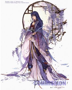 1girl alternate_costume artist_name back_bow blue_flower blunt_bangs bow braid branch breasts bridal_gauntlets cleavage commission commissioner_name english_text fan_hair_ornament flower flower_ornament full_body genshin_impact gradient_hair hair_ornament highres japanese_clothes kimono large_breasts long_braid long_hair long_sleeves looking_at_viewer looking_to_the_side mitsudomoe_(shape) mole mole_under_eye multicolored_hair neck_ribbon parted_lips phuongmai128 pink_hair pink_lips purple_eyes purple_hair purple_kimono purple_ribbon raiden_shogun red_ribbon red_sash ribbon sash single_braid solo standing streaked_hair teeth tomoe_(symbol) tree wide_sleeves window wisteria