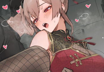 1girl alternate_hair_length_(shorter) blue_sky breasts brown_hair bun_cover china_dress chinese_clothes clothed_sex commentary_request double_bun dress fishnets furen_e_lustario furen_e_lustario_(7th_costume) gloves hair_bun heart hetero lace lace_gloves large_breasts nijisanji official_alternate_costume open_mouth paid_reward_available red_dress see-through_cleavage see-through_clothes short_hair sidelocks sky small_sweatdrop sooon strapless strapless_dress virtual_youtuber