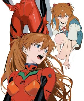 1girl absurdres black_shoes blue_eyes blue_skirt bodysuit breasts brown_hair closed_mouth collared_shirt hair_between_eyes hand_on_own_hip highres interface_headset_(evangelion) long_hair mecha_pilot_suit medium_skirt multiple_views narrow_waist neon_genesis_evangelion open_mouth plugsuit_(evangelion) red_bodysuit red_ribbon ribbon school_uniform seeuagain5353 shirt shoes simple_background skirt socks souryuu_asuka_langley teeth tokyo-3_middle_school_uniform white_background white_shirt white_socks
