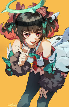1girl bare_shoulders black_hair black_sleeves black_thighhighs bow bowtie breasts checkered_necktie colored_inner_hair cowboy_shot detached_sleeves dress fur-trimmed_sleeves fur_trim green_bow green_bowtie green_halo hair_bow halo hand_on_own_knee hashtag-only_commentary highres hst_426 leaning_forward multicolored_hair multiple_hair_bows nangong_yu necktie open_mouth pink_bow red_eyes red_nails red_necktie short_twintails simple_background small_breasts solo thighhighs twintails white_dress yellow_background zenless_zone_zero