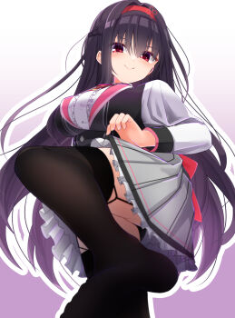 >:) 1girl black_hair black_panties black_thighhighs blush braid breasts center_frills closed_mouth commentary eyes_visible_through_hair feet foot_out_of_frame foreshortening frilled_shirt frilled_skirt frills from_below garter_straps grey_skirt hair_between_eyes hair_intakes hairband half_up_braid hamidashi_creative highres impossible_clothes kamakura_shio large_breasts long_hair long_sleeves miniskirt no_shoes outline panties pleated_skirt red_eyes red_hairband school_uniform shirt silver116 simple_background skirt smile smug soles solo standing standing_on_one_leg straight_hair thighhighs thighs toes underwear v-shaped_eyebrows very_long_hair white_outline white_shirt