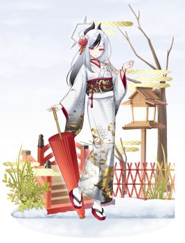 1girl absurdres alternate_costume alternate_hairstyle black_hair black_sash blue_archive closed_mouth commentary_request demon_girl demon_horns ear_piercing floral_print floral_print_kimono flower gradient_hair grey_halo hair_behind_ear hair_down hair_flower hair_ornament halo highres holding holding_umbrella horns japanese_clothes kayoko_(blue_archive) kimono looking_at_viewer multicolored_hair obi piercing print_kimono red_eyes red_flower red_umbrella revebw sandals sash sidelocks smile socks solo two-tone_hair umbrella white_hair white_kimono white_socks