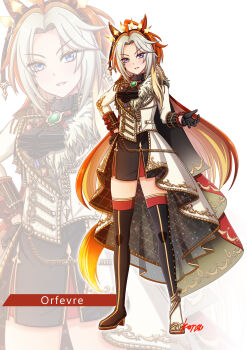 1girl absurdres ahoge animal_ears ascot asymmetrical_footwear black_ascot black_boots black_gloves black_skirt blue_eyes blush boots character_name coat commentary_request ear_covers full_body fur_trim gem gloves green_gem highres horse_ears horse_girl horse_tail jacket konsu_(konsu1182da) long_hair long_sleeves looking_at_viewer mismatched_footwear multicolored_hair orange_hair orfevre_(control)_(umamusume) orfevre_(umamusume) parted_lips shirt simple_background single_ear_cover skirt smile tail thigh_boots two-tone_hair umamusume waist_cape white_background white_boots white_coat white_hair zoom_layer