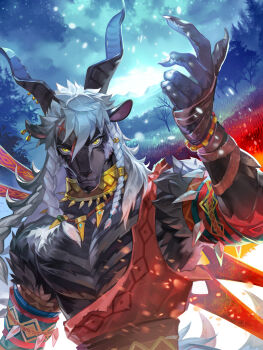 1boy afk_(series) afk_journey animal_ears bara braid claws closed_mouth commentary_request cross_scar furry furry_male goat_boy goat_ears goat_horns grey_hair hideono6 highres horns male_focus muscular muscular_male nazrik_(afk) pectorals scar scar_on_face scar_on_forehead second-party_source smile upper_body