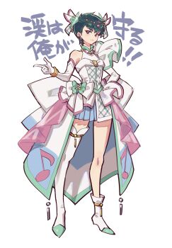 Rule 34 | 1girl, asymmetrical footwear, black hair, blue skirt, boots, bow, brooch, brown eyes, closed mouth, commentary request, cosplay, cure zukyuun, cure zukyuun (cosplay), dress, earrings, elbow gloves, fortissimo, frown, full body, genderswap, genderswap (mtf), getter robo, gloves, gou saotome, hair ornament, hair ribbon, half-dress, hanahiyo (hoimin), hand on own hip, highres, jewelry, kimi to idol precure, long dress, looking at viewer, miniskirt, mismatched footwear, musical note, musical note hair ornament, pleated skirt, pointing, precure, ribbon, shin getter robo, short hair, simple background, single boot, single thigh boot, skirt, sleeveless, sleeveless dress, solo, standing, thigh boots, translated, very short hair, white background, white boots, white bow, white dress, white gloves, white ribbon