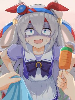 2girls against_wall animal_ears blue_eyes breasts commentary_request fang grey_hair hair_between_eyes highres holding holding_rattle horse_ears horse_tail multiple_girls open_mouth pov pov_hands rattle scared school_uniform small_breasts solo_focus super_creek_(umamusume) tail tamamo_cross_(umamusume) tears tracen_school_uniform umamusume yashimo_1875