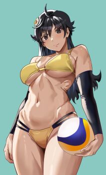 1girl absurdres ahoge araragi_karen bakemonogatari bare_shoulders bikini breasts cowboy_shot detached_sleeves egg_hair_ornament firstdayiyui food-themed_hair_ornament from_below groin hair_ornament highres hip_bones large_breasts long_hair monogatari_(series) navel ribs simple_background solo swimsuit underboob upper_body wispy_bangs yellow_bikini